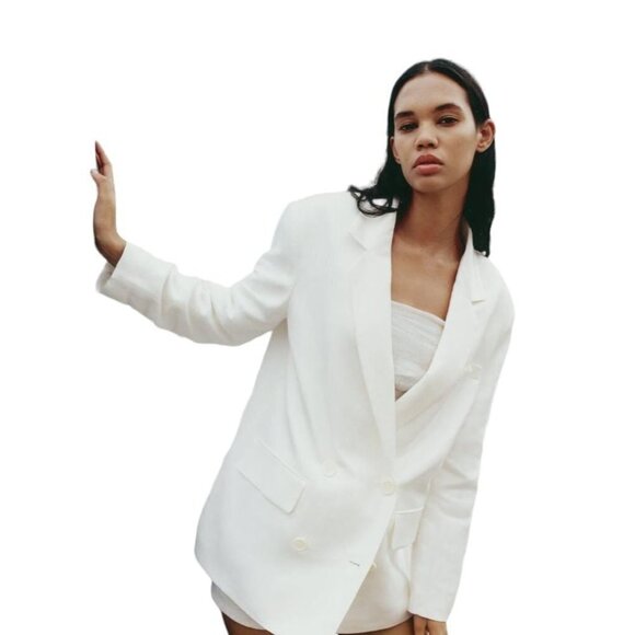 ZARA LINEN BLEND DOUBLE BREASTED BLAZER ECRU SIZE XS | 2753/225 - Picture 3 of 4